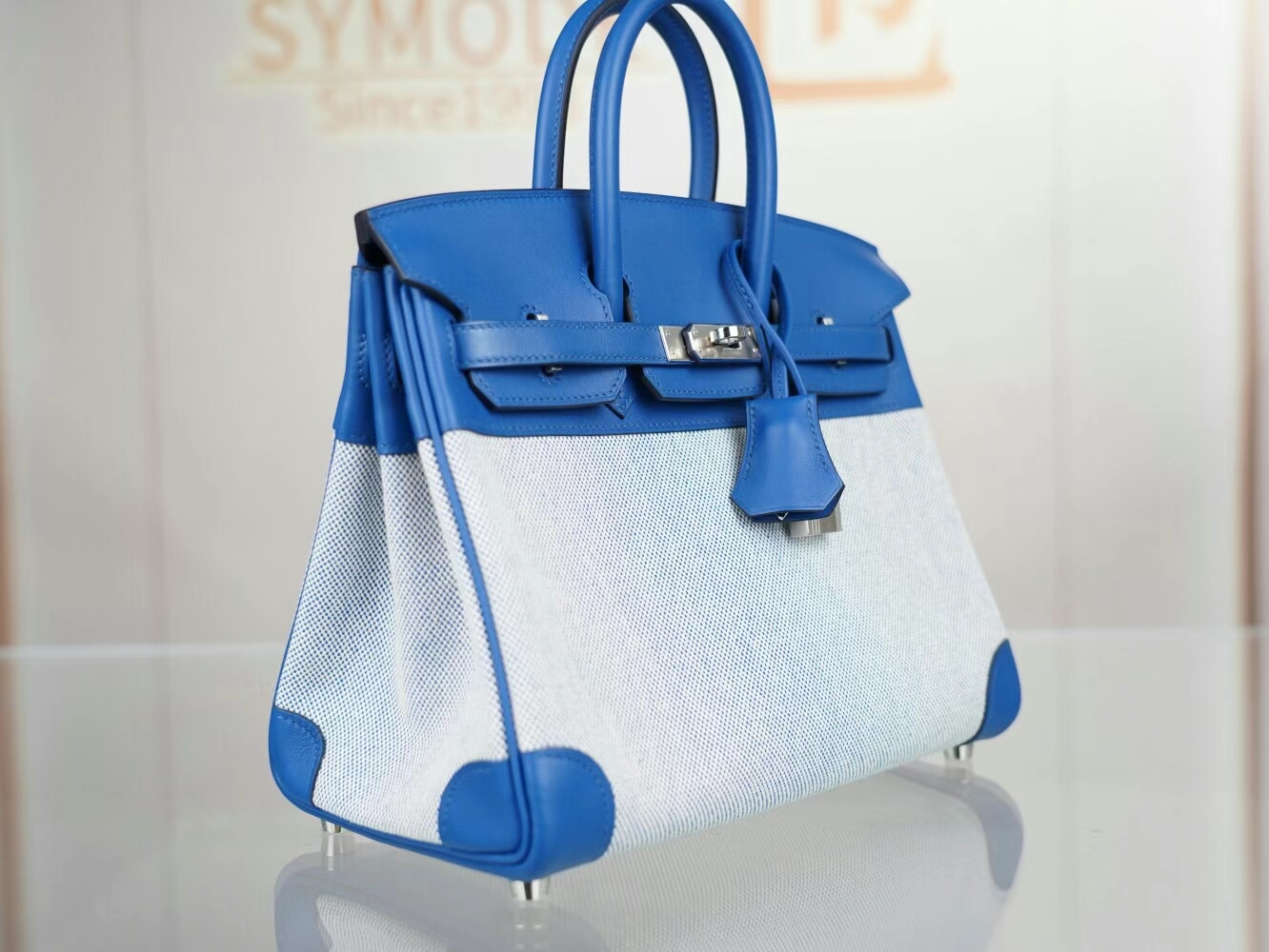 Hermes爱马仕限量款铂金包 帆布拼Swift皮CC71法国蓝Birkin25CM 银扣