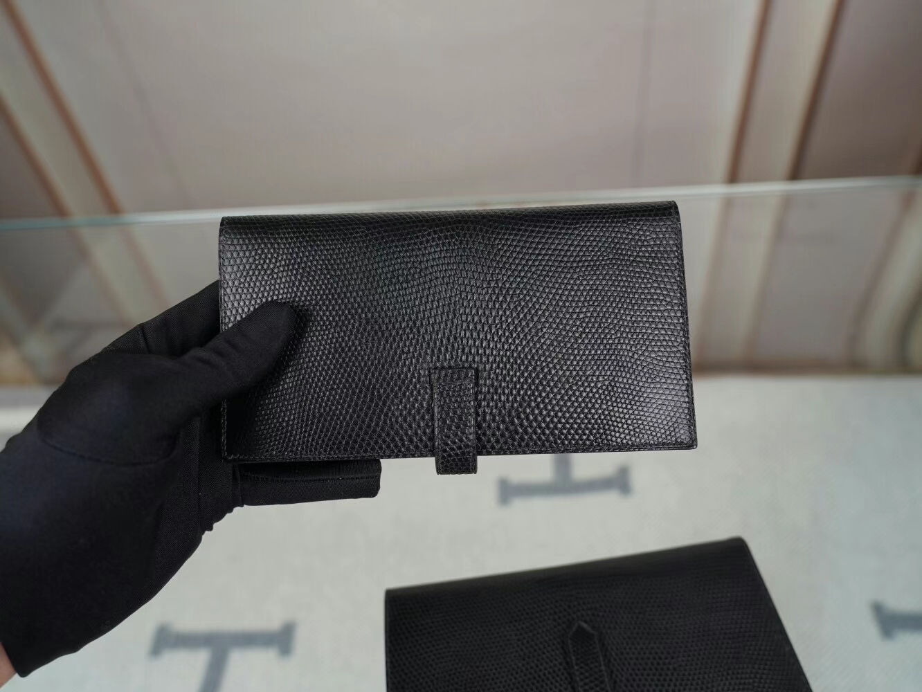 全手缝 Hermes Bearn Wallet 爱马仕89黑色蜥蜴皮H扣长款钱包 金/银扣
