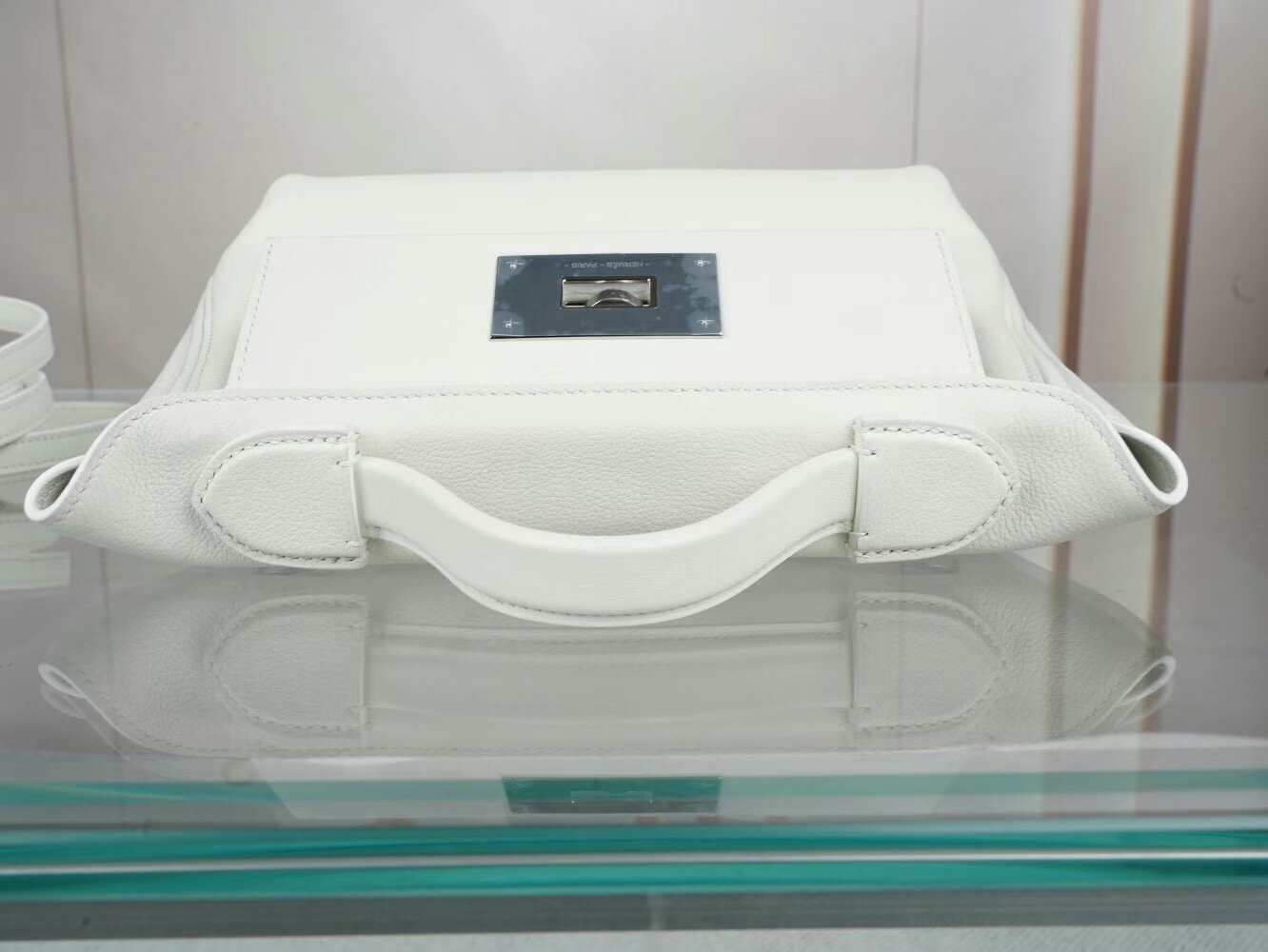 爱马仕包包官网 Hermes Kelly 2424 Mini 纯白色Evercolor拼Swift皮 银扣