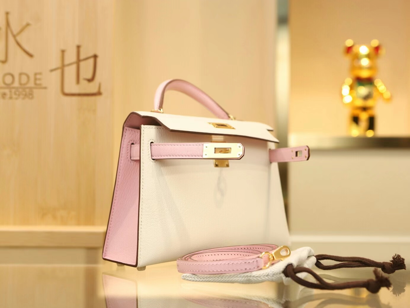 Hermes Mini Kelly19CM 爱马仕I2奶油白拼3Q水粉色山羊皮迷你凯莉包二代