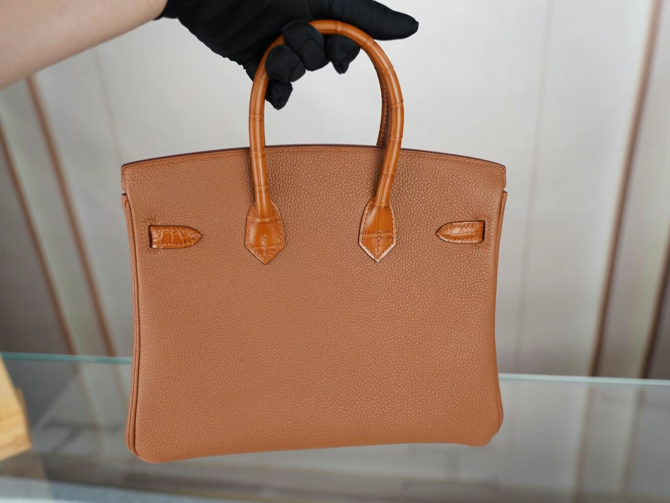 爱马仕Hermes Birkin Touch25CM CC37金棕Togo皮拼雾面方块鳄鱼皮 金扣